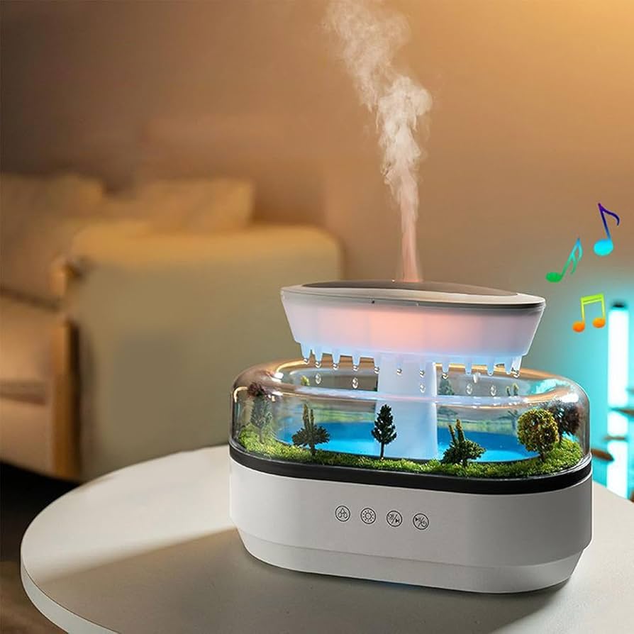 Aroma Humidifier with Raindrop Effect, Color Changing LED, White Noise & Essential Oil Diffusion