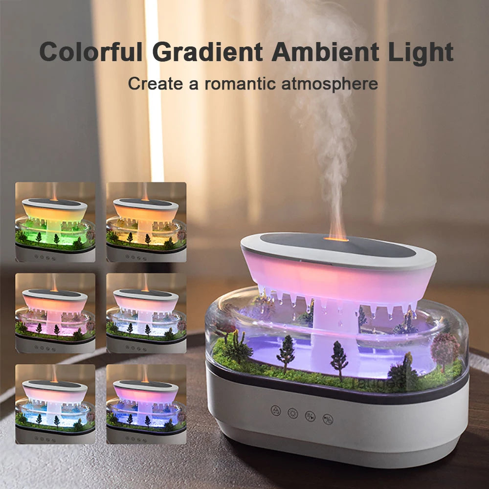 Umidificatore per aromi con effetto goccia di pioggia, LED che cambia colore, rumore bianco e diffusione di oli essenziali